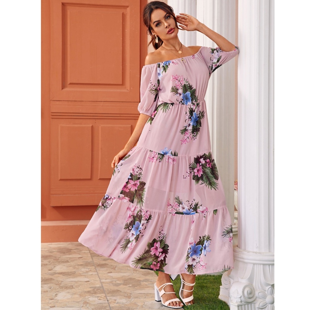 Off Shoulder Pink Floral Maxi Dress - Picture 5 of 8